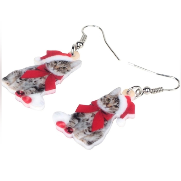 Yellow Tabby Marmalade Kitten Christmas Earrings Santa Hat Kittens Kitty Cat New - Picture 5 of 6